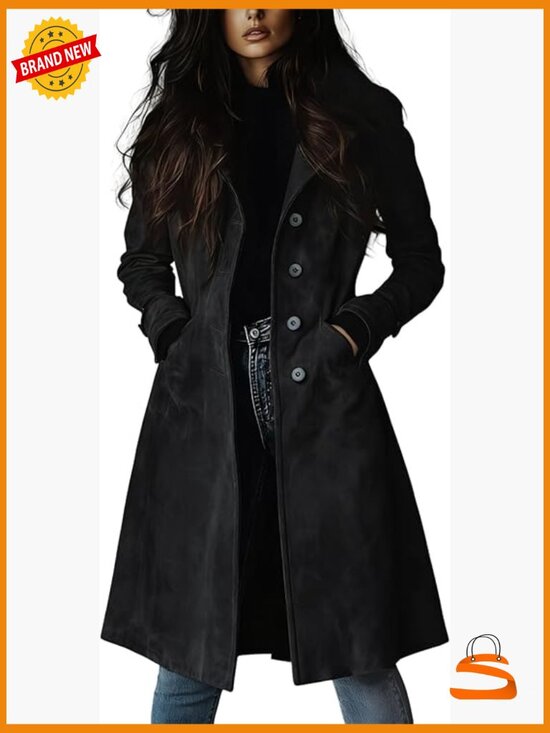 Jackets & Blazers - Faux Suede Trench Coat Long Sleeve Notch Lapel Overcoat with Pockets
